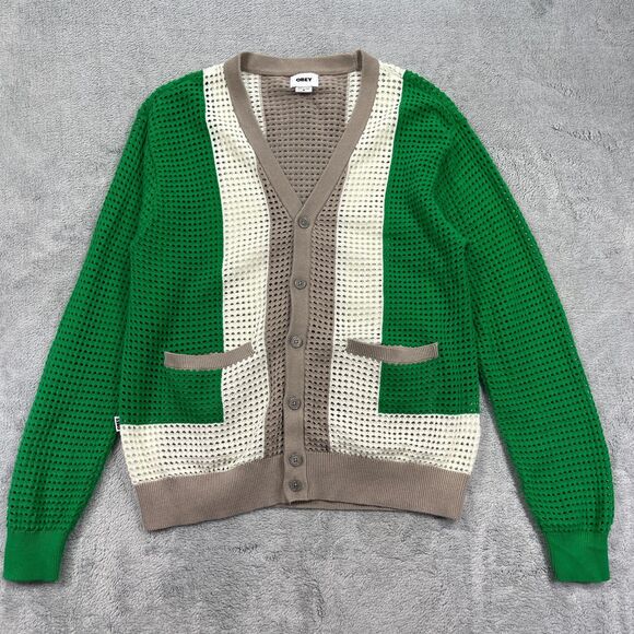 Obey Anderson 60s Cardigan Sweater Men Medium Multicolor Retro Striped Open Knit - Picture 1 of 11